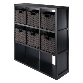 Timothy 7-Pc 3x3 Storage Shelf with 6 Foldable Woven Baskets; Black and Chocolate