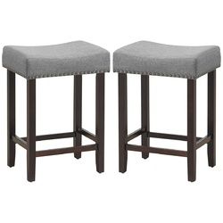 2 pcs Nailhead Saddle Bar Stools with Fabric Seat & Wood Legs