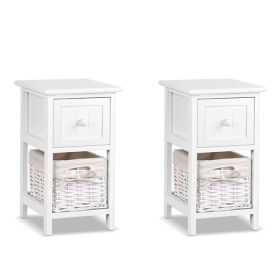 2pcs/Set Nightstands Bedroom, Simple Wooden Bedside Table Night Stand with Drawer and Storage Basket Household(White)